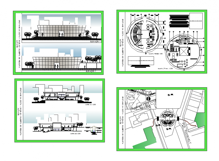 Circular shape commerce building detail plan, elevation and section